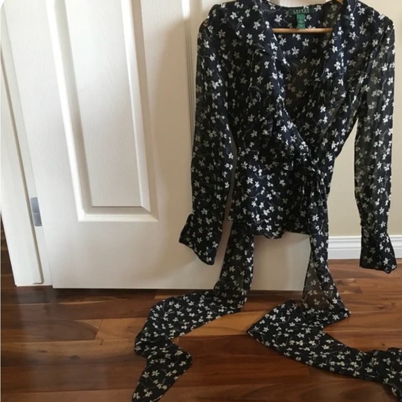 Vintage Ralph Lauren 100% Silk designer blouse black floral Silk Top Size PS - Picture 5 of 11